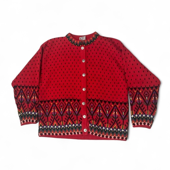 Dale of Norway Pure New Wool Red And Black Knitted Cardigan Sweater Large - Picture 1 of 7